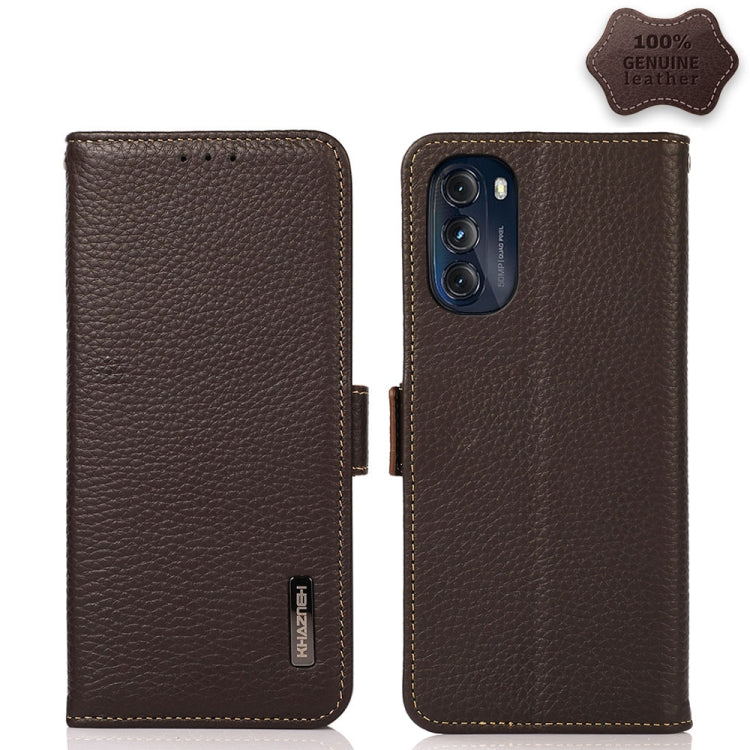 For Motorola Moto G 2022 5G KHAZNEH Side-Magnetic Litchi Genuine Leather RFID Phone Case(Brown) - Motorola Cases by PMC TechLife | Online Shopping South Africa | PMC TechLife | Buy Now Pay Later Mobicred