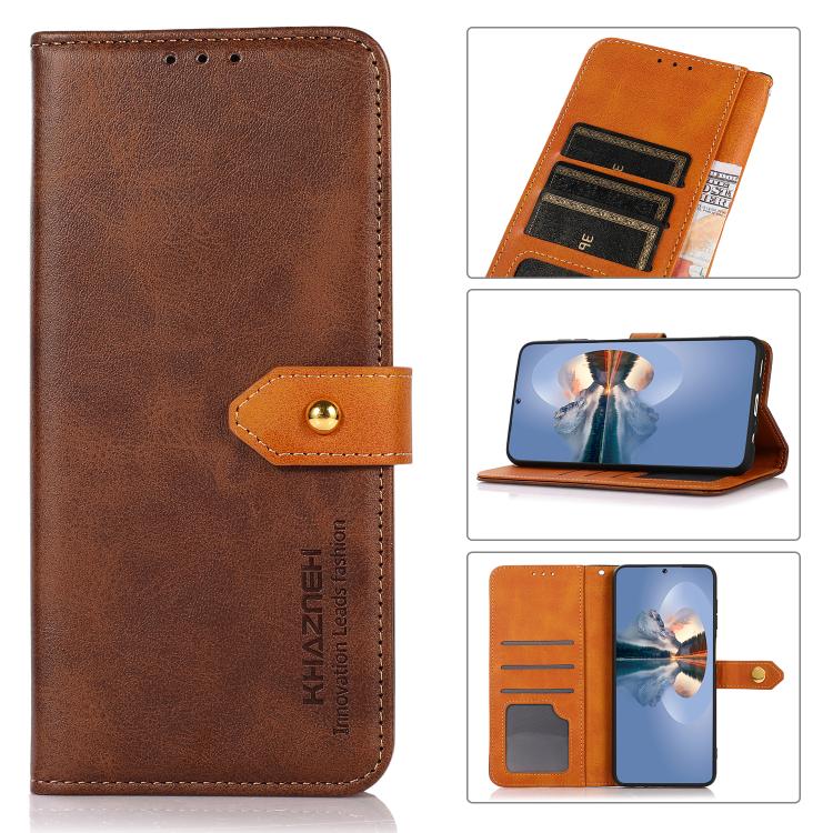 For iPhone 15 Pro Max KHAZNEH Dual-color Cowhide Texture Flip Leather Phone Case(Brown) - iPhone 16e Cases by PMC TechLife | Online Shopping South Africa | PMC TechLife | Buy Now Pay Later Mobicred