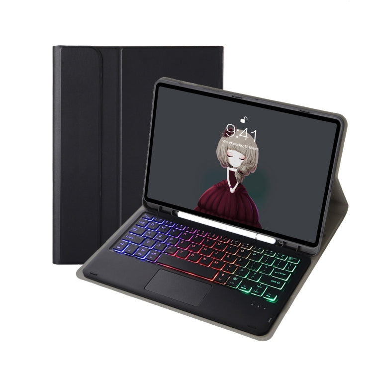 A11B-AS Lambskin Pen Slot Touch Pad Backlight Bluetooth Keyboard Leather Tablet Case For iPad Air 2022&2020 / Pro 11 2021&2020&2018(Black) - For iPad Pro by PMC TechLife | Online Shopping South Africa | PMC TechLife