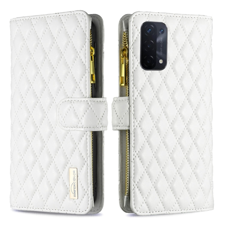 For OPPO A74 5G / A93 5G / A54 5G Diamond Lattice Zipper Wallet Leather Flip Phone Case(White) - OPPO Cases by PMC TechLife | Online Shopping South Africa | PMC TechLife