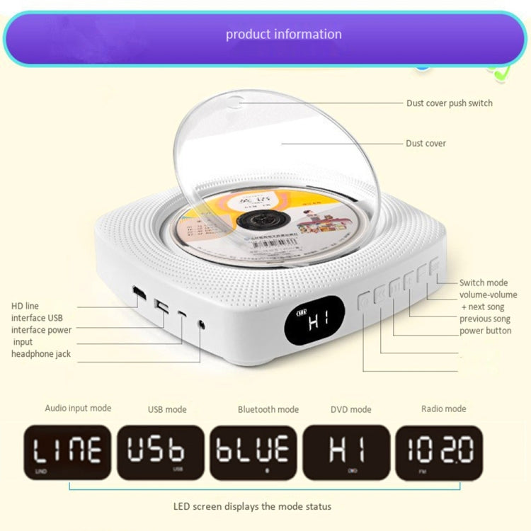 Kecag KC-609 Wall Mounted Home DVD Player Bluetooth CD Player, Specification:CD Version+ Not Connected to TV+ Plug-In Version(Blue) - free shipping - PMC Jewellery - Order now!