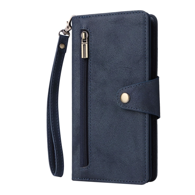 For Google Pixel 6a Rivet Buckle 9 Cards Three Fold Leather Phone Case(Blue) - Google Cases by PMC Jewellery | Online Shopping South Africa | PMC Jewellery | Buy Now Pay Later Mobicred