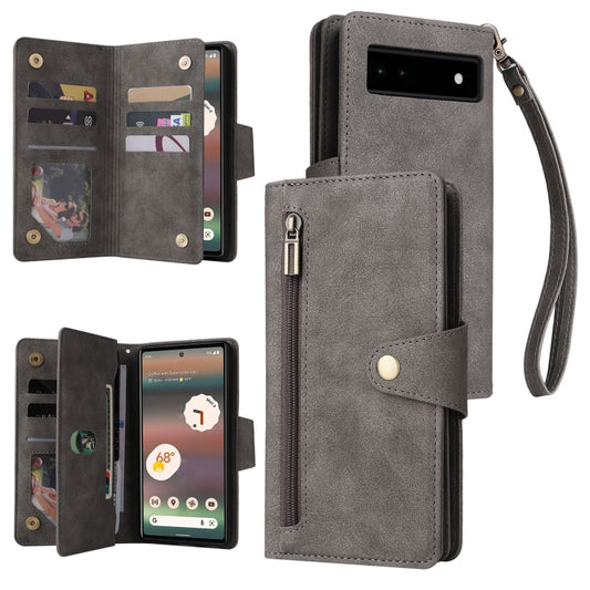 For Google Pixel 6a Rivet Buckle 9 Cards Three Fold Leather Phone Case(Grey) - Google Cases by PMC Jewellery | Online Shopping South Africa | PMC Jewellery | Buy Now Pay Later Mobicred