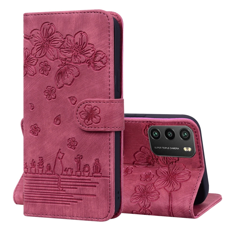 For Xiaomi Poco M3 / Redmi 9T Global Cartoon Sakura Cat Embossed Leather Phone Case(Wine Red) - Xiaomi Cases by PMC Jewellery | Online Shopping South Africa | PMC Jewellery