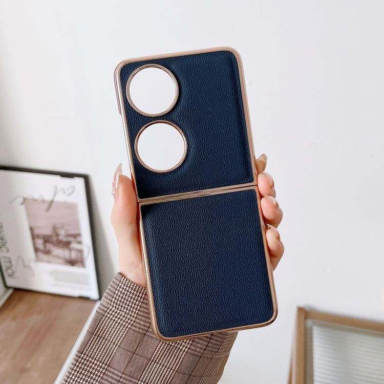 For Huawei P50 Pocket Genuine Leather Luolai Series Nano Plating Phone Case(Dark Blue) - Huawei Cases by PMC TechLife | Online Shopping South Africa | PMC TechLife | Buy Now Pay Later Mobicred