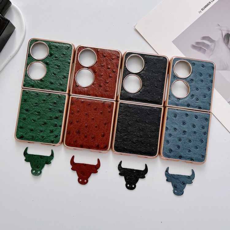 For Huawei P50 Pocket Genuine Leather Ostrich Texture Nano Plating Phone Case(Green) - Huawei Cases by PMC TechLife | Online Shopping South Africa | PMC TechLife | Buy Now Pay Later Mobicred