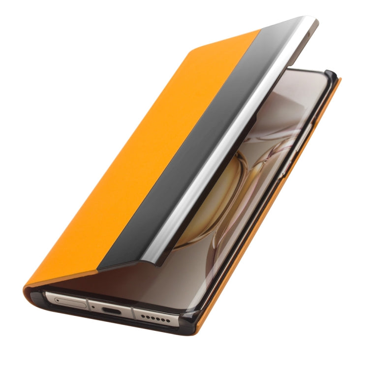 For Huawei P50 Pro QIALINO Magnetic Side Window View Genuine Leather Smart Phone Case(Orange) - free shipping - PMC TechLife - Order now!