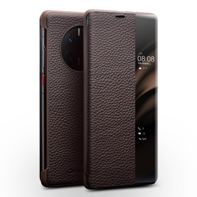 For Huawei Mate 50 QIALINO Genuine Leather Side Window View Smart Phone Case(Brown) - free shipping - PMC TechLife - Order now!