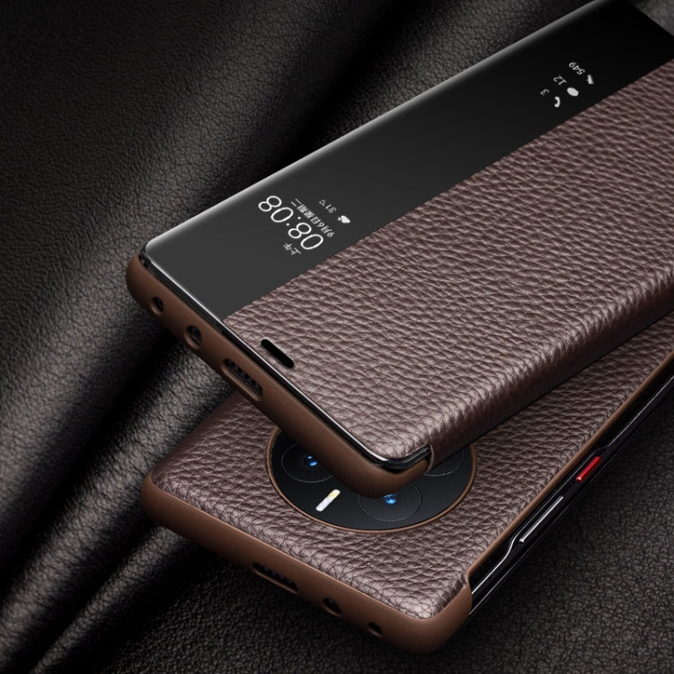 For Huawei Mate 50 QIALINO Genuine Leather Side Window View Smart Phone Case(Brown) - free shipping - PMC TechLife - Order now!