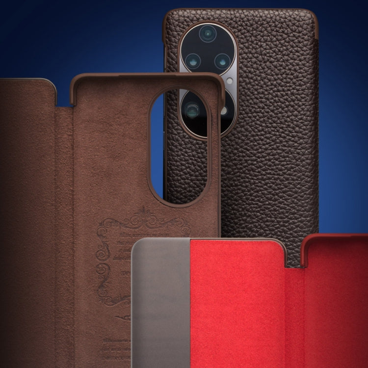 For Huawei P50 Pro QIALINO Genuine Leather Side Window View Smart Phone Case(Red) - free shipping - PMC TechLife - Order now!