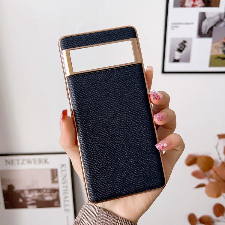 For Google Pixel 6a Nano Electroplating Cross Texture Genuine Leather Phone Case(Blue) - Google Cases by PMC TechLife | Online Shopping South Africa | PMC TechLife | Buy Now Pay Later Mobicred