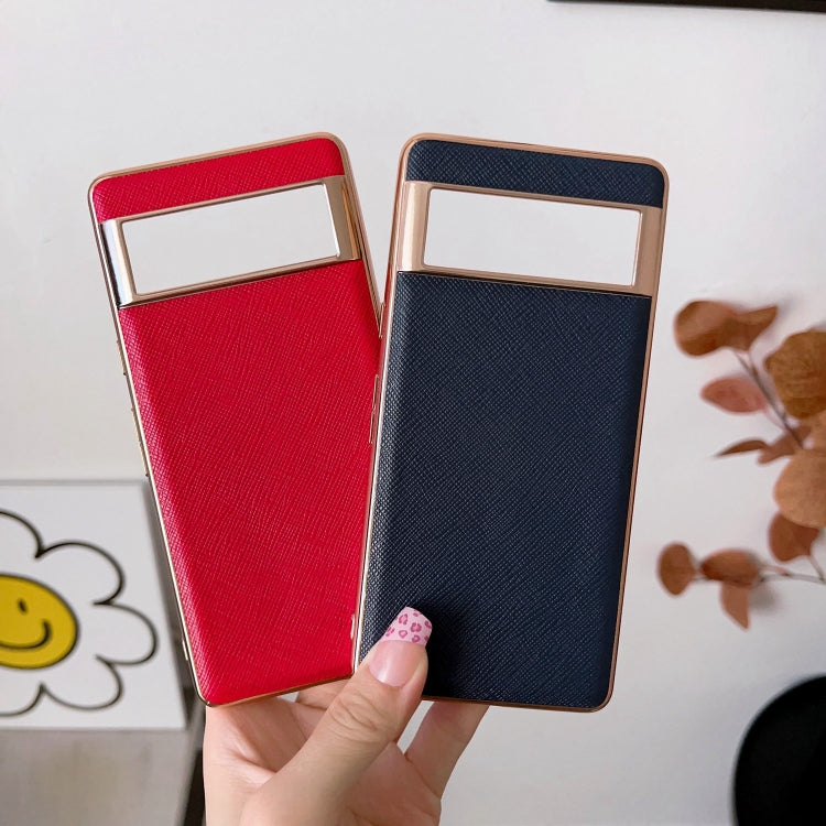For Google Pixel 6a Nano Electroplating Cross Texture Genuine Leather Phone Case(Blue) - Google Cases by PMC TechLife | Online Shopping South Africa | PMC TechLife | Buy Now Pay Later Mobicred