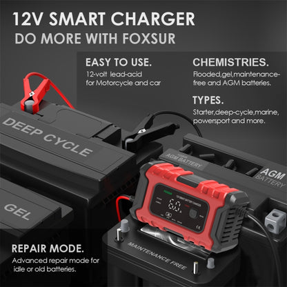 FOXSUR 6A 12V Motorcycle / Car Smart Battery Charger, Plug Type:US Plug(Red) - Battery Charger by FOXSUR | Online Shopping South Africa | PMC Jewellery | Buy Now Pay Later Mobicred