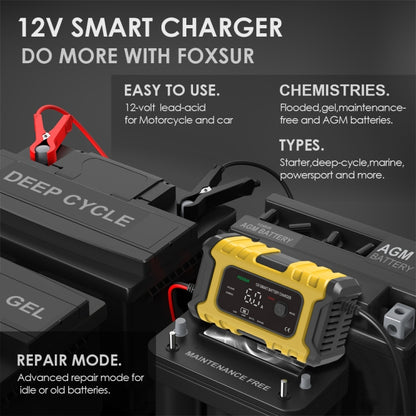 FOXSUR 6A 12V Motorcycle / Car Smart Battery Charger, Plug Type:UK Plug(Yellow) - Battery Charger by FOXSUR | Online Shopping South Africa | PMC Jewellery | Buy Now Pay Later Mobicred