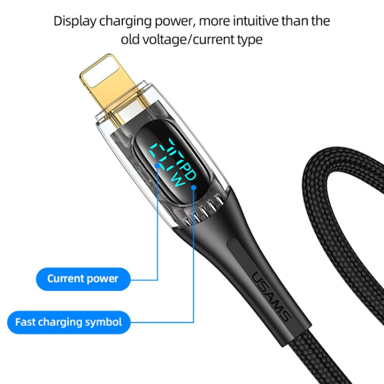 USAMS Type-C to 8 Pin PD20W Aluminum Alloy Transparent Digital Display Fast Charge Data Cable, Cable Length:2m(Black) - 2 in 1 Cable by USAMS | Online Shopping South Africa | PMC Jewellery | Buy Now Pay Later Mobicred