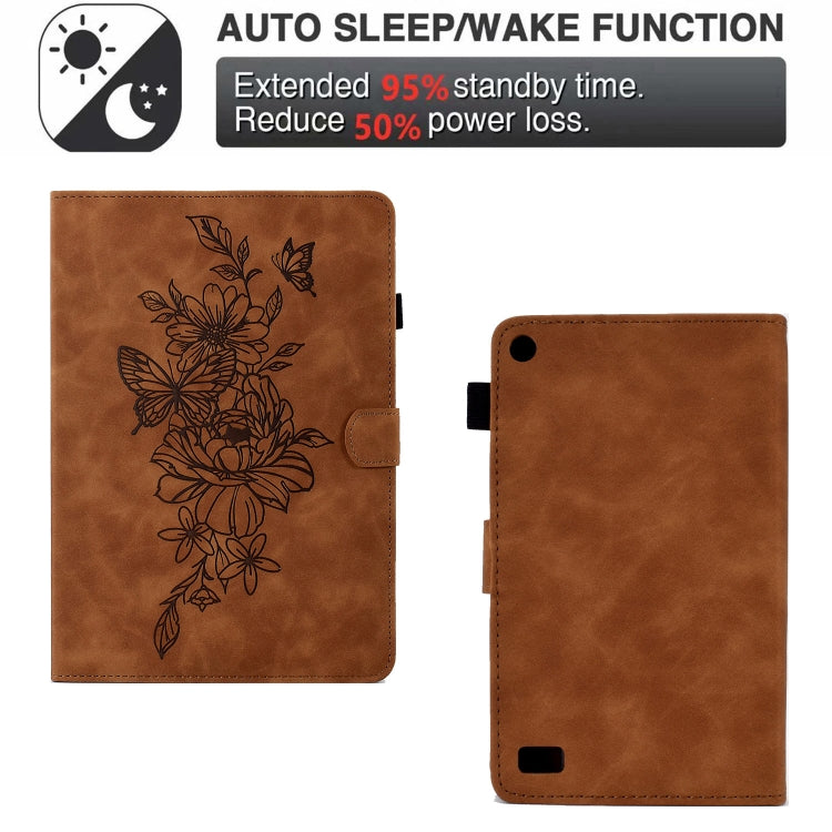 For Amazon Kindle Fire 7 2019/2017/2015 Peony Butterfly Embossed Leather Smart Tablet Case(Brown) - Amazon by PMC TechLife | Online Shopping South Africa | PMC TechLife | Buy Now Pay Later Mobicred