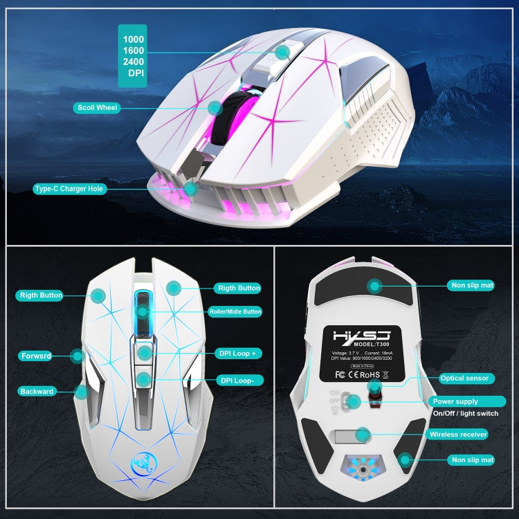 HXSJ T300 7 Keys 2400DPI 2.4G Colorful Luminous Wireless Mouse(White) - Wireless Mice by HXSJ | Online Shopping South Africa | PMC Jewellery | Buy Now Pay Later Mobicred