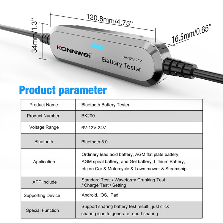 KONNWEI BK200 6V/12V/24V Car Bluetooth Battery Tester(Silver) - Electronic Test by KONNWEI | Online Shopping South Africa | PMC TechLife | Buy Now Pay Later Mobicred