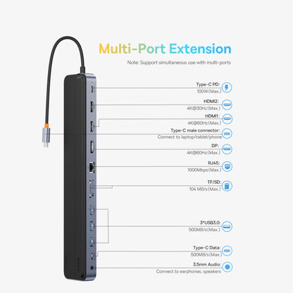 Baseus WKSX030213 12 in 1 USB-C / Type-C to HDMIx2+USB3.0x3+PD+VGA+SD/TF+RJ45+USB-C / Type-C+3.5mm HUB Adapter(Space Grey) - USB HUB by Baseus | Online Shopping South Africa | PMC Jewellery | Buy Now Pay Later Mobicred