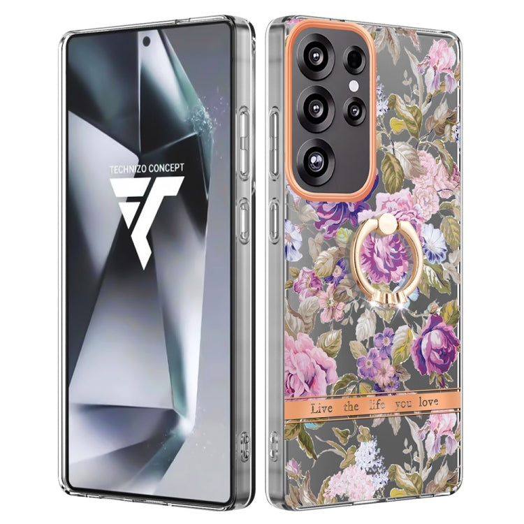 For Samsung Galaxy S25 Ultra 5G Flowers and Plants Series IMD TPU Phone Case with Ring Holder(Purple Peony) - Galaxy S25 Ultra 5G Cases by PMC TechLife | Online Shopping South Africa | PMC TechLife | Buy Now Pay Later Mobicred