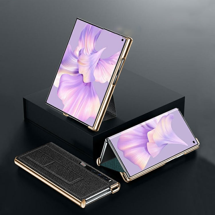 For Huawei Mate Xs 2 Electroplated Cross Pattern Leather All-inclusive Phone Case with Stand(Sapphire Blue Gold) - Huawei Cases by PMC TechLife | Online Shopping South Africa | PMC TechLife | Buy Now Pay Later Mobicred