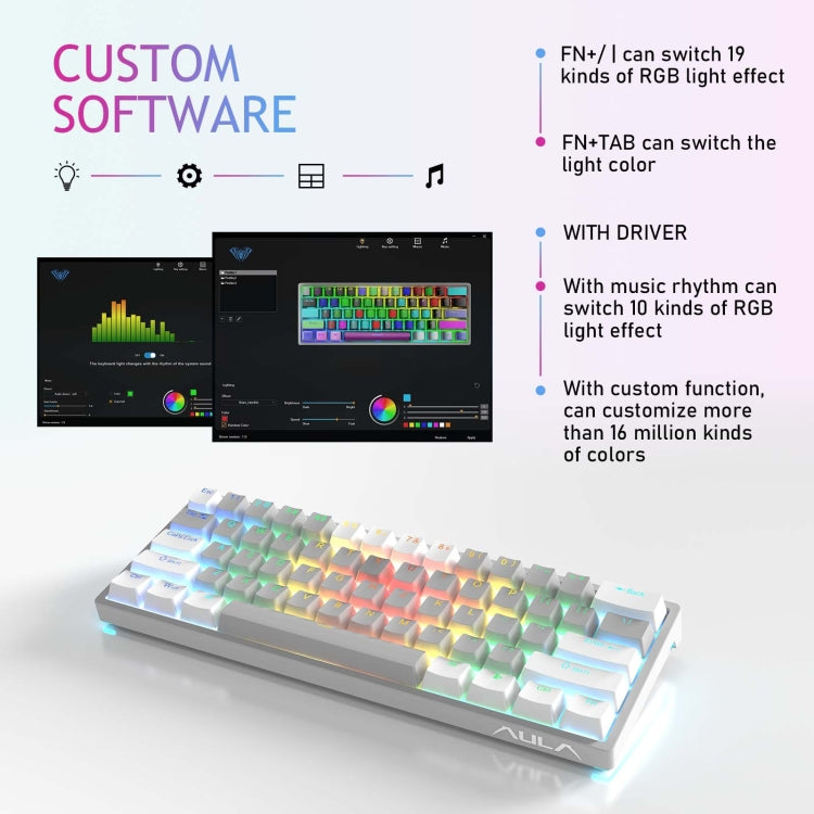 AULA F3261 Type-C Wired Hot Swappable 61 Keys RGB Mechanical Keyboard(Grey Black Green Shaft) - free shipping - PMC TechLife - Order now!