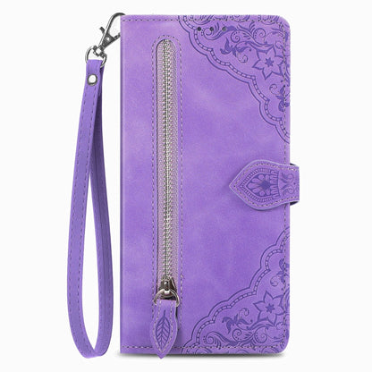 For Blackview A85 Embossed Flower Zipper Leather Phone Case(Purple) - More Brand by PMC Jewellery | Online Shopping South Africa | PMC Jewellery | Buy Now Pay Later Mobicred
