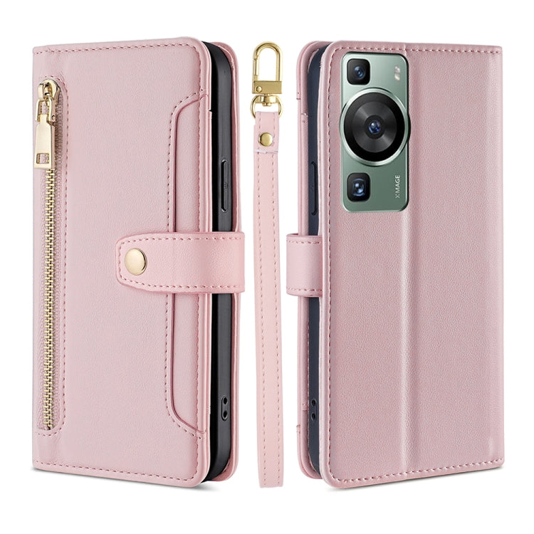For Huawei P60 / P60 Pro Sheep Texture Cross-body Zipper Wallet Leather Phone Case(Pink) - Huawei Cases by PMC TechLife | Online Shopping South Africa | PMC TechLife | Buy Now Pay Later Mobicred