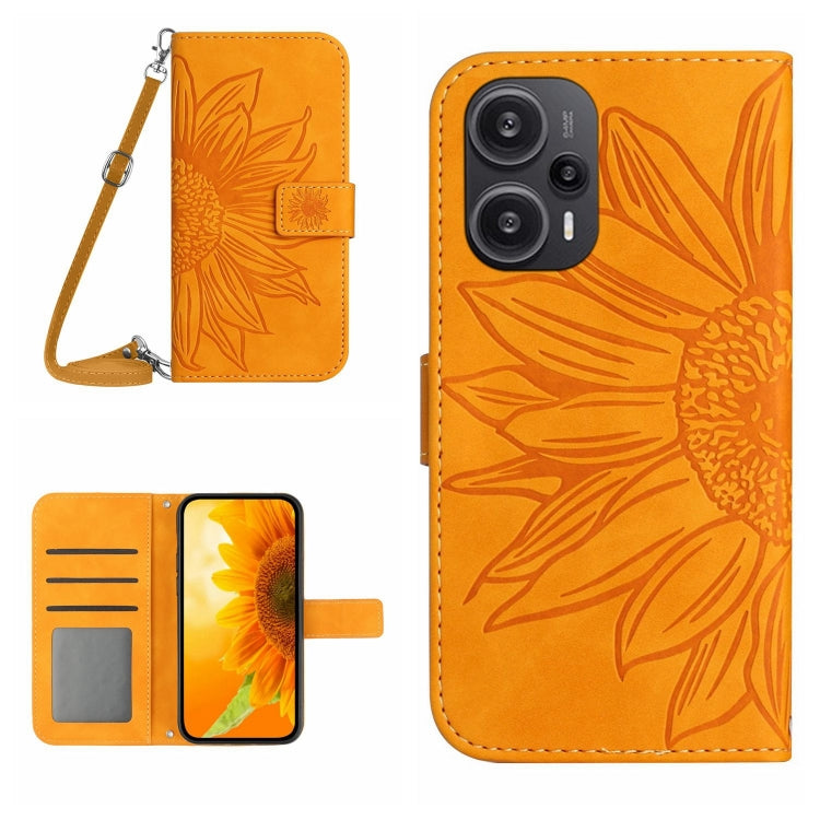 For Xiaomi Poco F5 Skin Feel Sun Flower Embossed Flip Leather Phone Case with Lanyard(Yellow) - Xiaomi Cases by PMC Jewellery | Online Shopping South Africa | PMC Jewellery | Buy Now Pay Later Mobicred