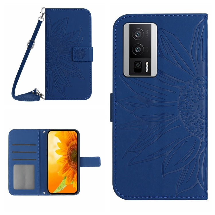 For Xiaomi Poco F5 Pro Skin Feel Sun Flower Embossed Flip Leather Phone Case with Lanyard(Dark Blue) - Xiaomi Cases by PMC Jewellery | Online Shopping South Africa | PMC Jewellery | Buy Now Pay Later Mobicred