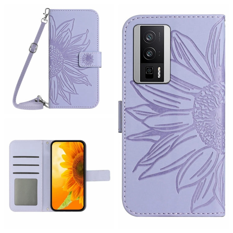 For Xiaomi Poco F5 Pro Skin Feel Sun Flower Embossed Flip Leather Phone Case with Lanyard(Purple) - Xiaomi Cases by PMC Jewellery | Online Shopping South Africa | PMC Jewellery | Buy Now Pay Later Mobicred