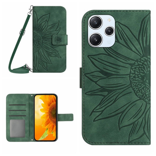 For Xiaomi Redmi 12 5G Skin Feel Sun Flower Embossed Flip Leather Phone Case with Lanyard(Green) - Xiaomi Cases by PMC Jewellery | Online Shopping South Africa | PMC Jewellery | Buy Now Pay Later Mobicred