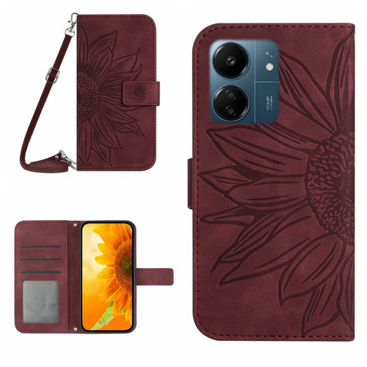 For Xiaomi Redmi 13C 4G Skin Feel Sun Flower Embossed Flip Leather Phone Case with Lanyard(Wine Red) - 13C Cases by PMC Jewellery | Online Shopping South Africa | PMC Jewellery | Buy Now Pay Later Mobicred