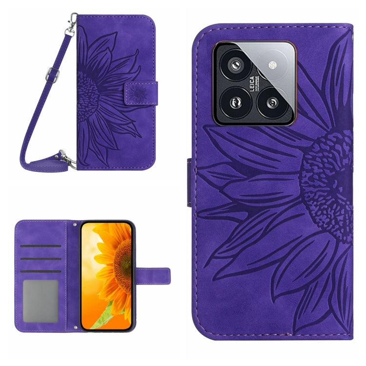 For Xiaomi 14 Skin Feel Sun Flower Embossed Flip Leather Phone Case with Lanyard(Dark Purple) - 14 Cases by PMC TechLife | Online Shopping South Africa | PMC TechLife | Buy Now Pay Later Mobicred