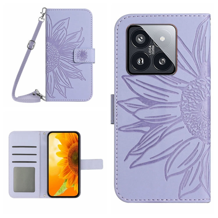 For Xiaomi 14 Skin Feel Sun Flower Embossed Flip Leather Phone Case with Lanyard(Purple) - 14 Cases by PMC Jewellery | Online Shopping South Africa | PMC Jewellery | Buy Now Pay Later Mobicred