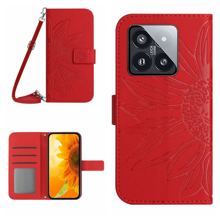 For Xiaomi 14 Skin Feel Sun Flower Embossed Flip Leather Phone Case with Lanyard(Red) - free shipping - PMC TechLife - Order now!