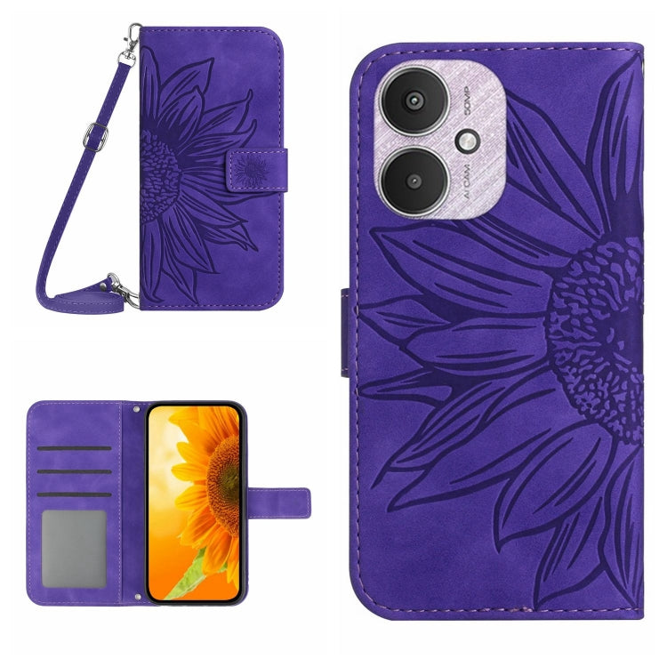 For Xiaomi Redmi 13C 5G Skin Feel Sun Flower Embossed Flip Leather Phone Case with Lanyard(Dark Purple) - 13C Cases by PMC TechLife | Online Shopping South Africa | PMC TechLife | Buy Now Pay Later Mobicred