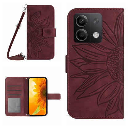 For Xiaomi Redmi Note 13 4G Global Skin Feel Sun Flower Embossed Flip Leather Phone Case with Lanyard(Wine Red) - Note 13 Cases by PMC Jewellery | Online Shopping South Africa | PMC Jewellery | Buy Now Pay Later Mobicred