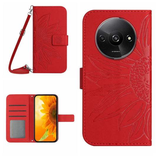 For Xiaomi Redmi A3 Skin Feel Sun Flower Embossed Flip Leather Phone Case with Lanyard(Red) - Xiaomi Cases by PMC Jewellery | Online Shopping South Africa | PMC Jewellery | Buy Now Pay Later Mobicred