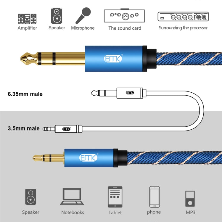 EMK 3.5mm Jack Male to 6.35mm Jack Male Gold Plated Connector Nylon Braid AUX Cable for Computer / X-BOX / PS3 / CD / DVD, Cable Length:1m(Dark Blue) - Audio Optical Cables by EMK | Online Shopping South Africa | PMC TechLife | Buy Now Pay Later Mobicred