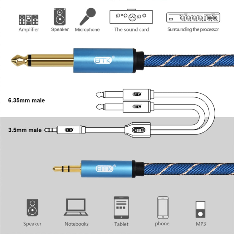 EMK 3.5mm Jack Male to 2 x 6.35mm Jack Male Gold Plated Connector Nylon Braid AUX Cable for Computer / X-BOX / PS3 / CD / DVD, Cable Length:1.5m(Dark Blue) - Audio Optical Cables by PMC TechLife | Online Shopping South Africa | PMC TechLife | Buy Now Pay Later Mobicred