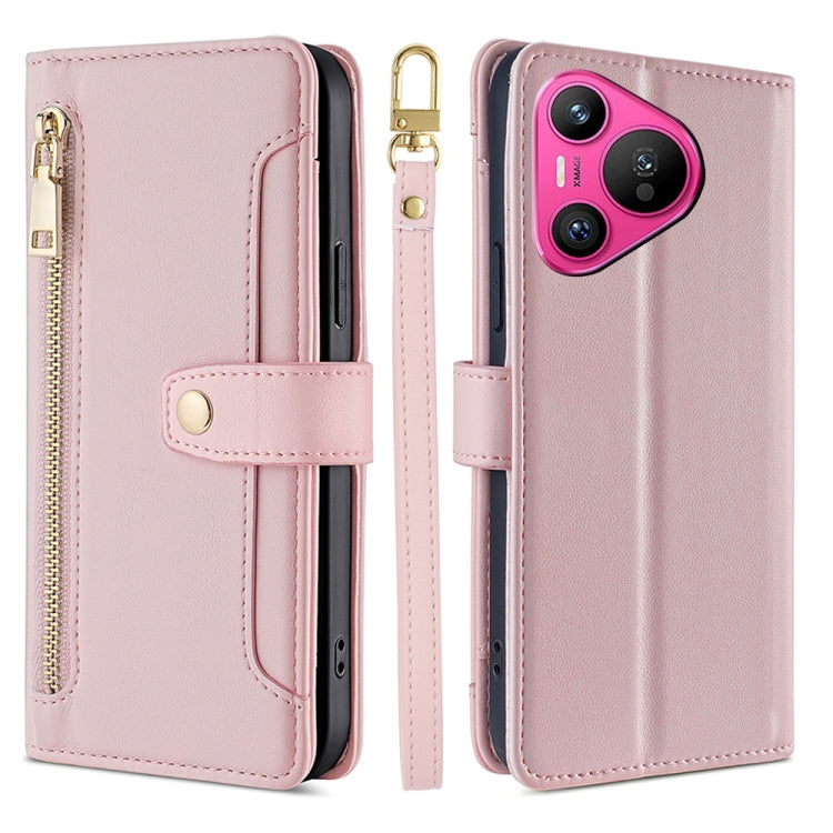 For Huawei Pura 70 5G Sheep Texture Cross-body Zipper Wallet Leather Phone Case(Pink) - Huawei Cases by PMC Jewellery | Online Shopping South Africa | PMC Jewellery | Buy Now Pay Later Mobicred