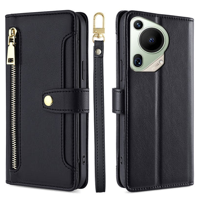 For Huawei Pura 70 Ultra 5G Sheep Texture Cross-body Zipper Wallet Leather Phone Case(Black) - Huawei Cases by PMC Jewellery | Online Shopping South Africa | PMC Jewellery | Buy Now Pay Later Mobicred