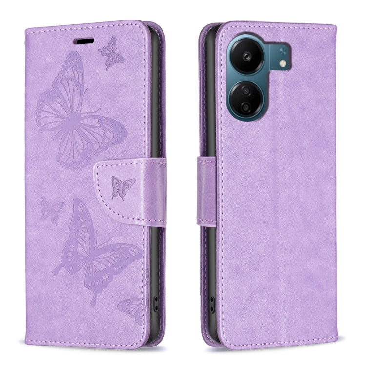 For Xiaomi Redmi 13C Two Butterflies Embossing Leather Phone Case(Purple) - 13C Cases by PMC Jewellery | Online Shopping South Africa | PMC Jewellery