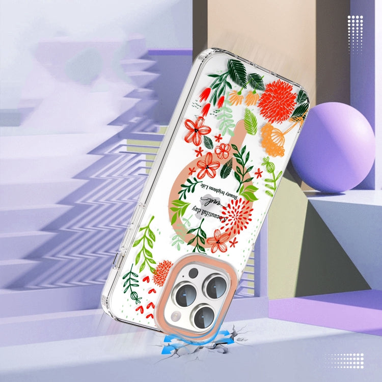For iPhone 15 Pro MagSafe Magnetic TPU Phone Case(Red Flowers and Green Leaves) - iPhone 15 Pro Cases by PMC TechLife | Online Shopping South Africa | PMC TechLife