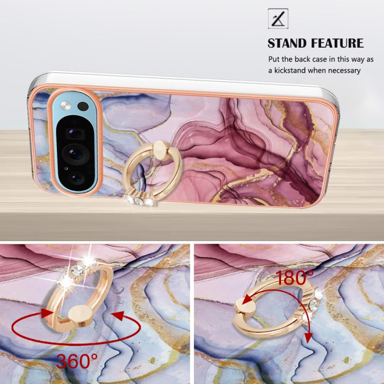 For Google Pixel 9 / 9 Pro Electroplating Marble Dual-side IMD Phone Case with Ring(Rose Red 014) - Google Cases by PMC TechLife | Online Shopping South Africa | PMC TechLife | Buy Now Pay Later Mobicred