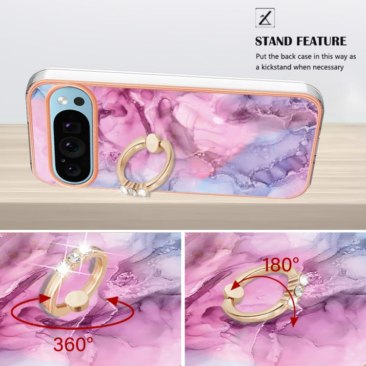 For Google Pixel 9 Pro XL Electroplating Marble Dual-side IMD Phone Case with Ring(Pink 013) - Google Cases by PMC Jewellery | Online Shopping South Africa | PMC Jewellery | Buy Now Pay Later Mobicred