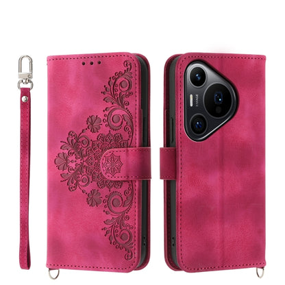 For Huawei Pura 70 Pro / Pura 70 Pro+ Skin-feel Flowers Embossed Wallet Leather Phone Case(Wine Red) - Huawei Cases by PMC Jewellery | Online Shopping South Africa | PMC Jewellery | Buy Now Pay Later Mobicred