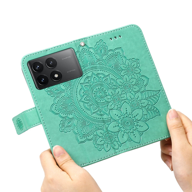 For Xiaomi Redmi K70 / K70 Pro 7-petal Flowers Embossing Leather Phone Case(Green) - K70 Pro Cases by PMC Jewellery | Online Shopping South Africa | PMC Jewellery | Buy Now Pay Later Mobicred