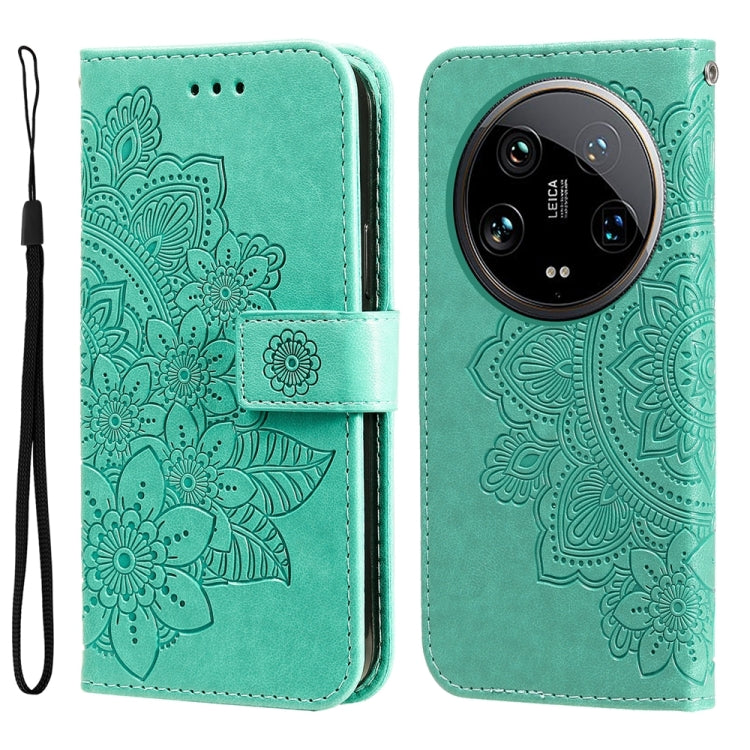 For Xiaomi 14 Ultra 7-petal Flowers Embossing Leather Phone Case(Green) - 14 Ultra Cases by PMC TechLife | Online Shopping South Africa | PMC TechLife | Buy Now Pay Later Mobicred